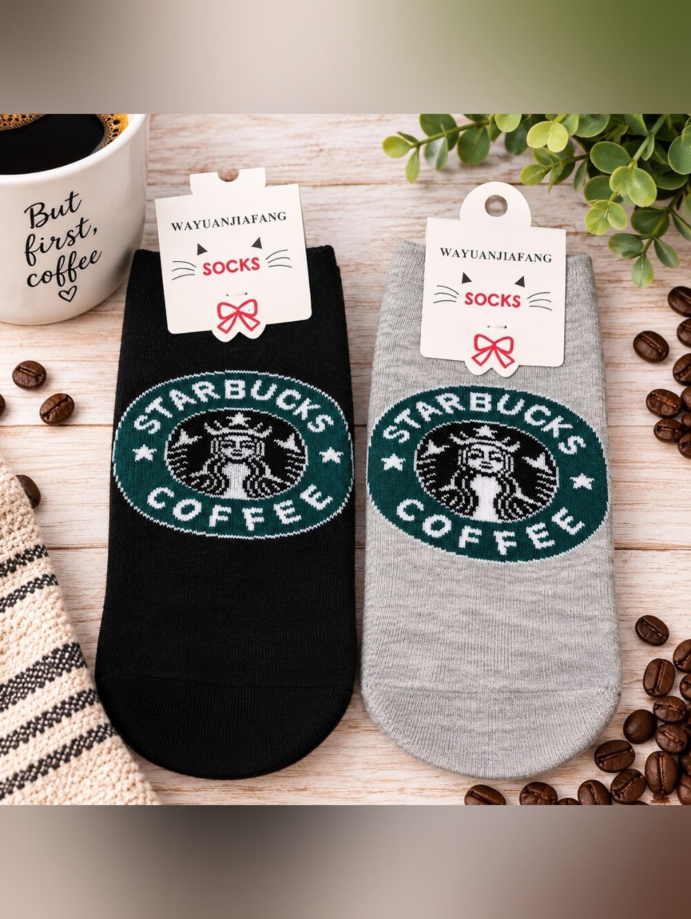 Coffee Logo Ankle Socks Set - Black And Gray